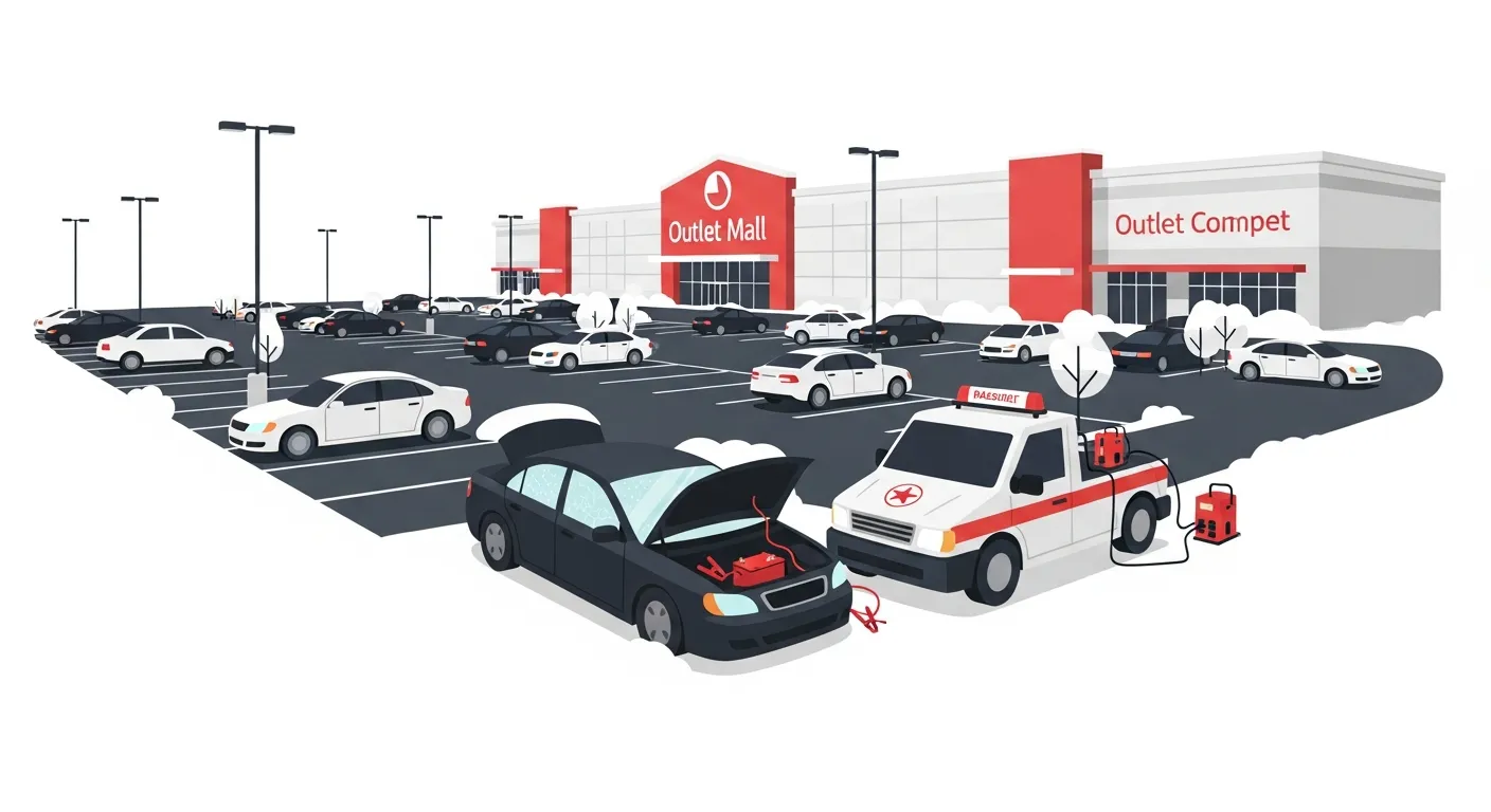 冬の佐野プレミアム・アウトレット駐車場でバッテリー上がりが発生した車のフラットデザインイラスト