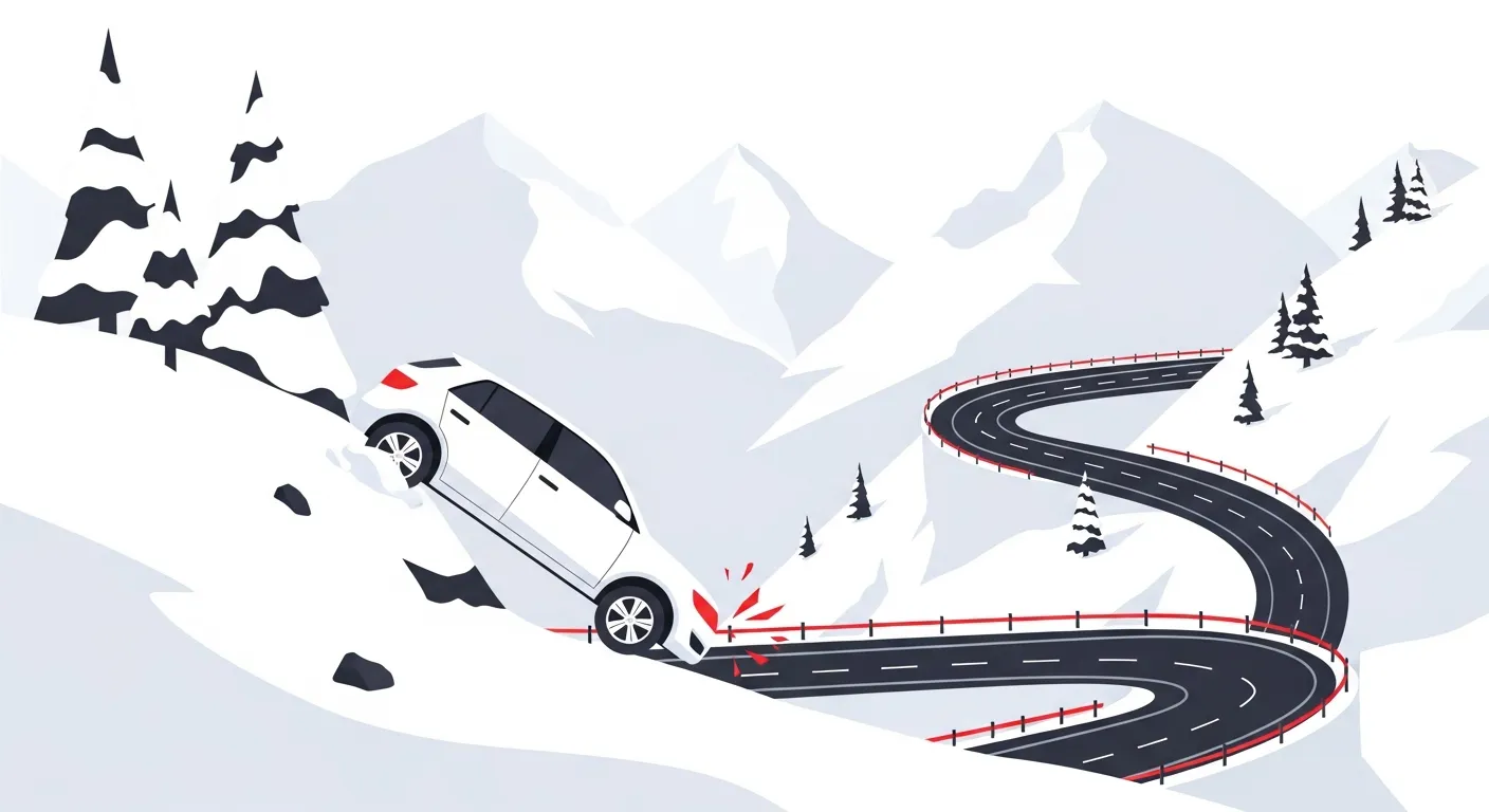 冬の凍結した山道でスリップして脱輪した車のフラットデザインイラスト