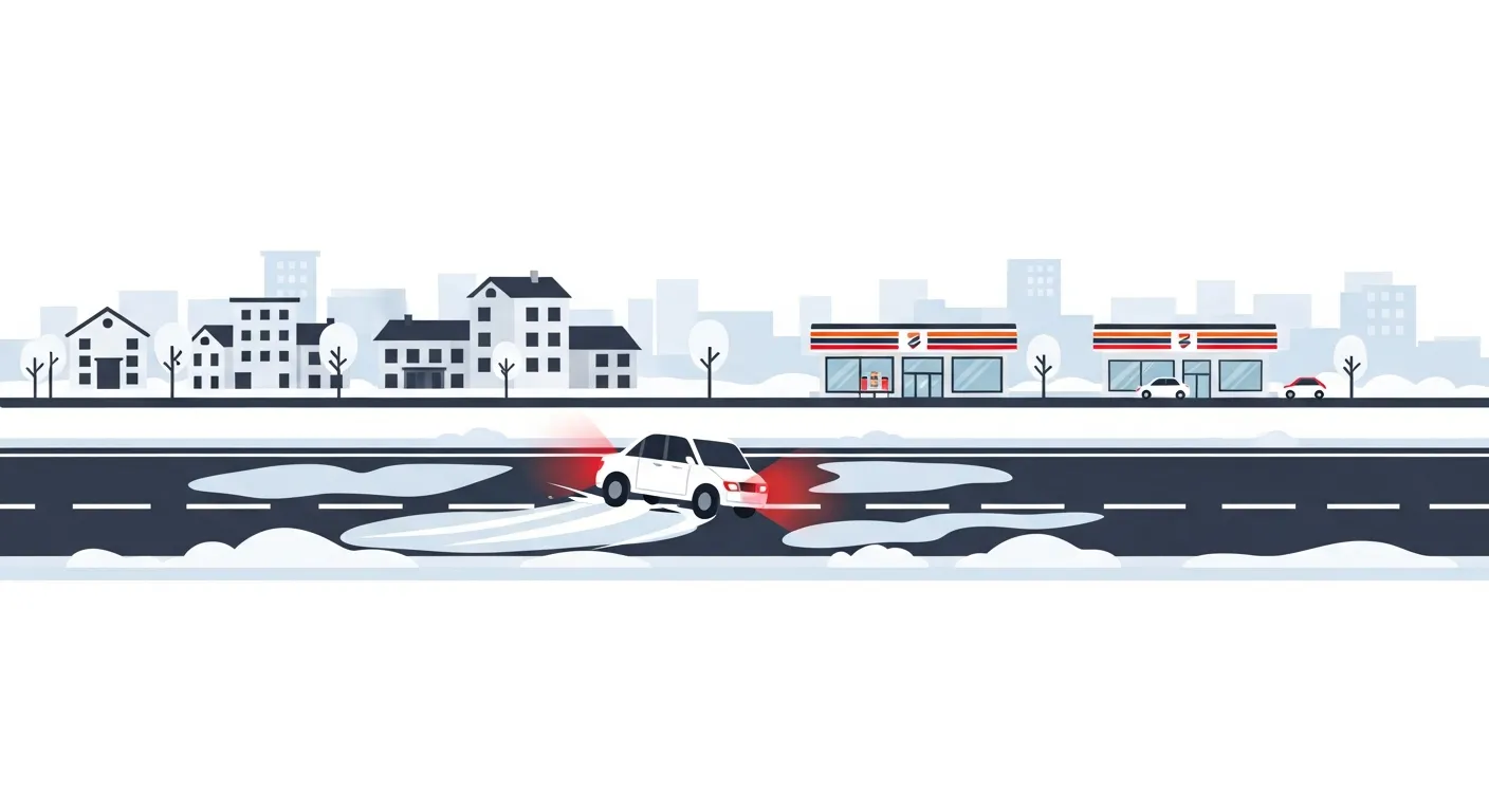 下野市の朝の通勤時間帯、国道4号の霜凍結路でスリップした車のフラットデザインイラスト