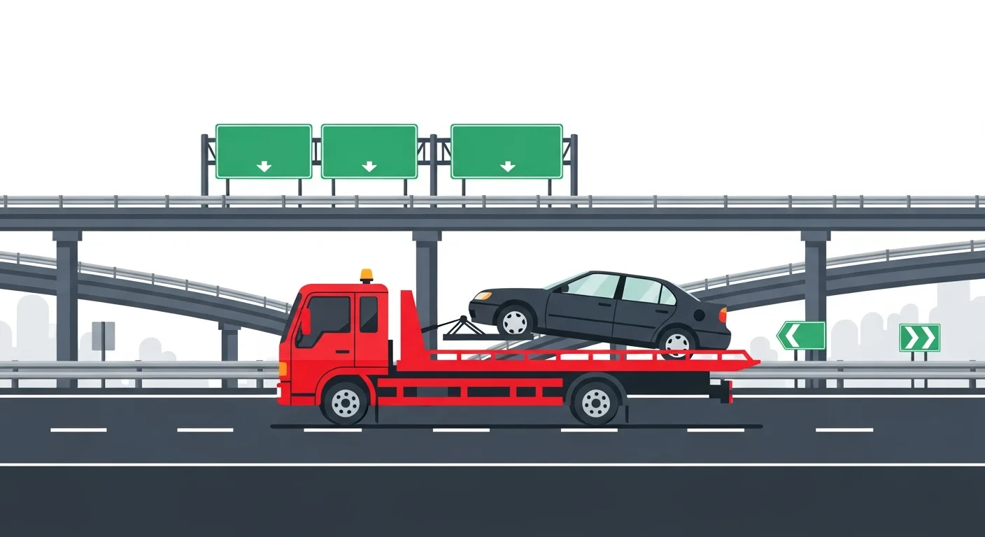 高速道路インターチェンジ付近でレッカー車に積載される車両のフラットデザインイラスト