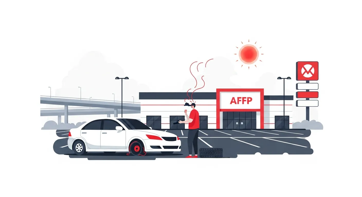 商業施設駐車場でパンクした車のフラットデザインイラスト