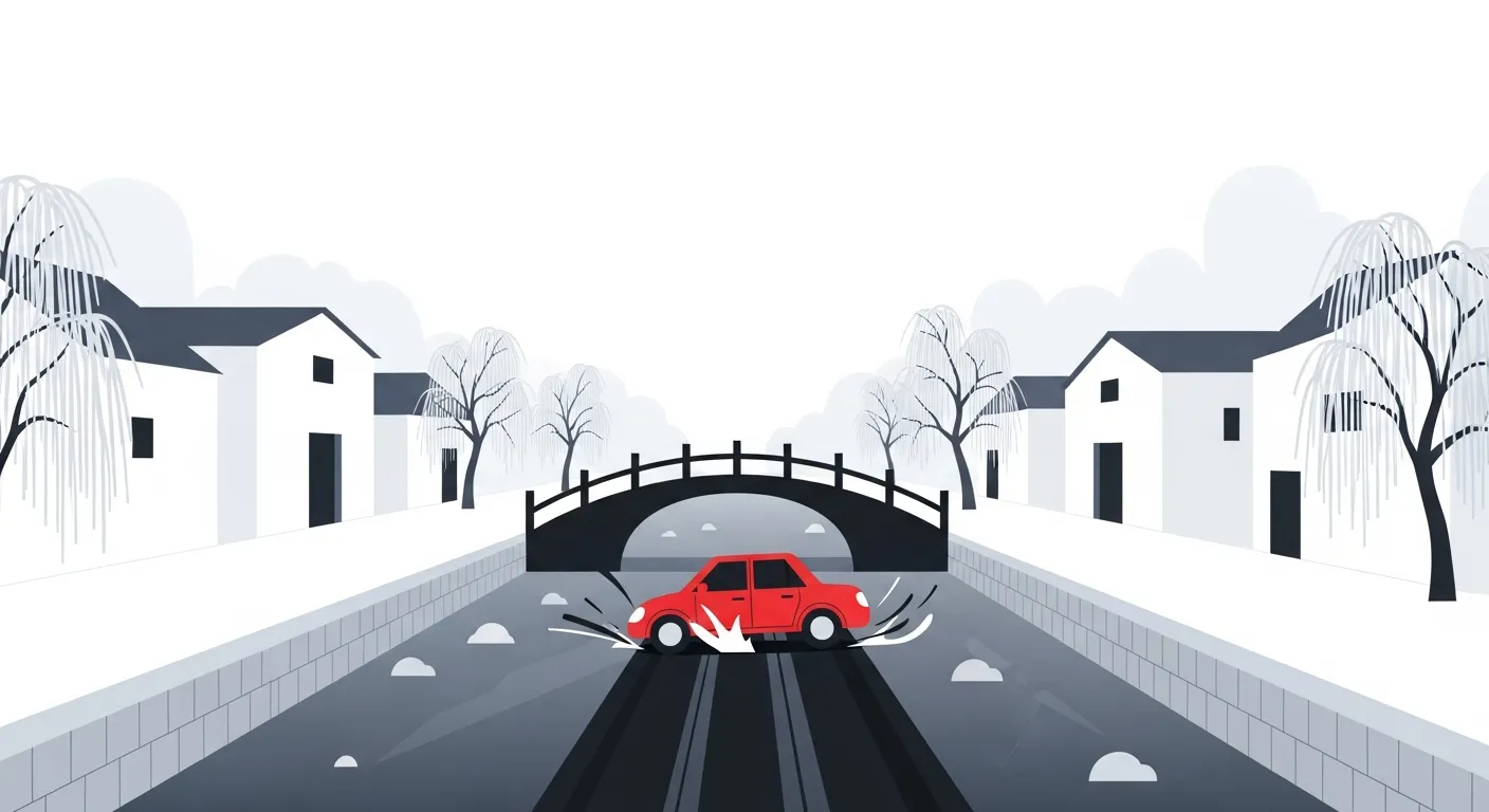 巴波川沿いの白壁土蔵が見える橋の上で路面凍結によりスリップした車のフラットデザインイラスト