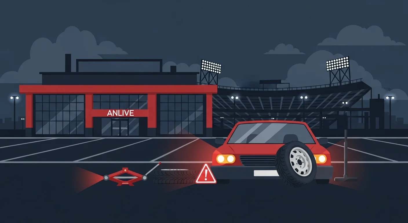 所沢市内のショッピング施設駐車場でバッテリー上がりになった車に対応するロードサービスのフラットデザインイラスト