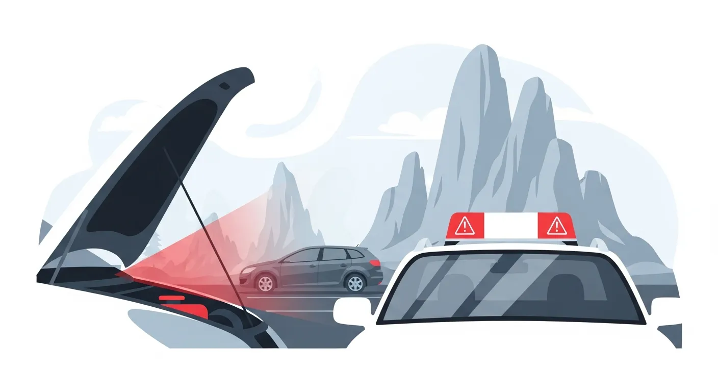 観光地駐車場でバッテリー上がりを起こした車のフラットデザインイラスト