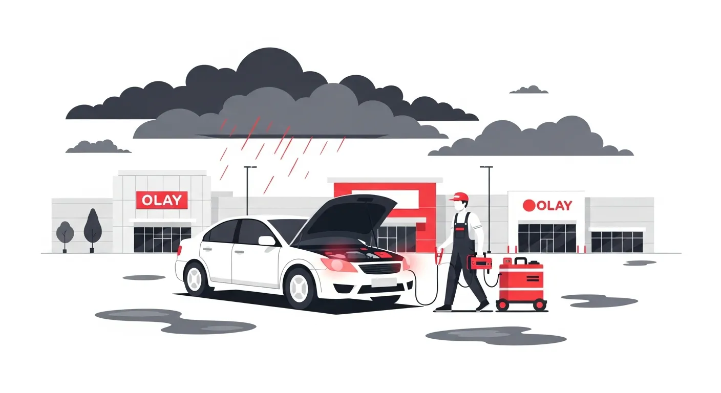 激しい雷雨の後、大型商業施設の駐車場でバッテリー上がりになった車にジャンプスターターで対応するロードサービスのフラットデザインイラスト