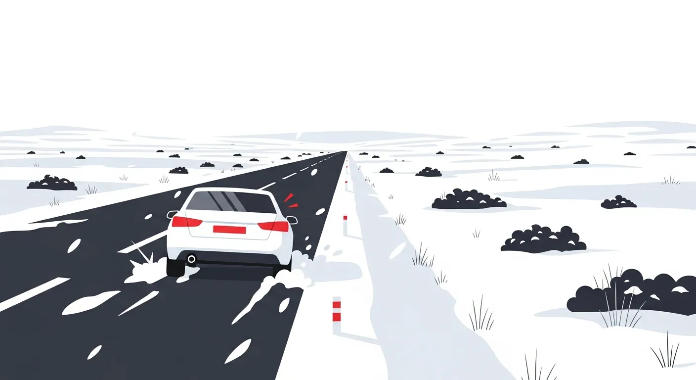 八方ヶ原高原道路の冬季、路肩の雪溝に後輪がはまって脱輪した車のフラットデザインイラスト