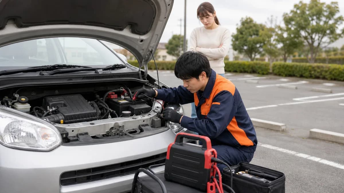 バッテリー上がりの車で一時的に始動条件がそろった可能性を点検している様子