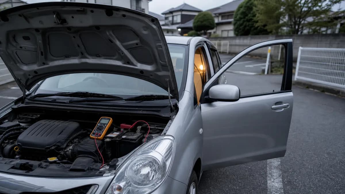 バッテリー上がりの車で電圧や端子を点検している様子
