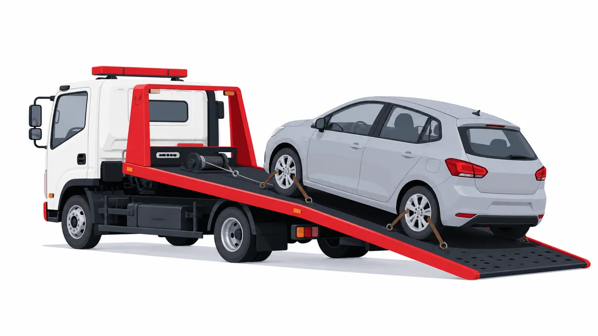 キャリアカーの荷台に車を積み込んでいるフラットイラスト