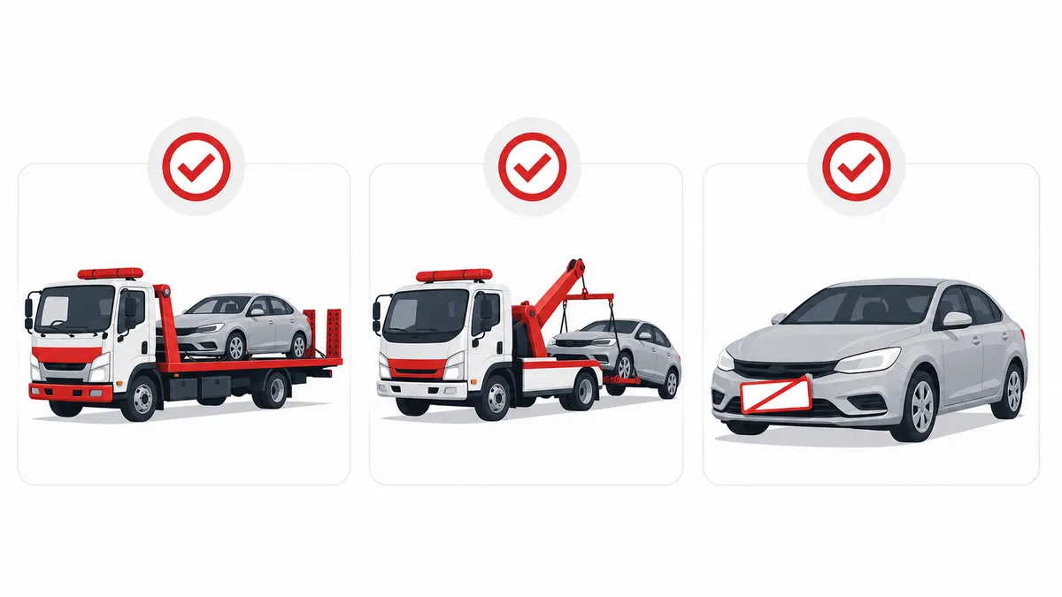 積載車、レッカー、仮ナンバーの3つの移動方法を示すイラスト