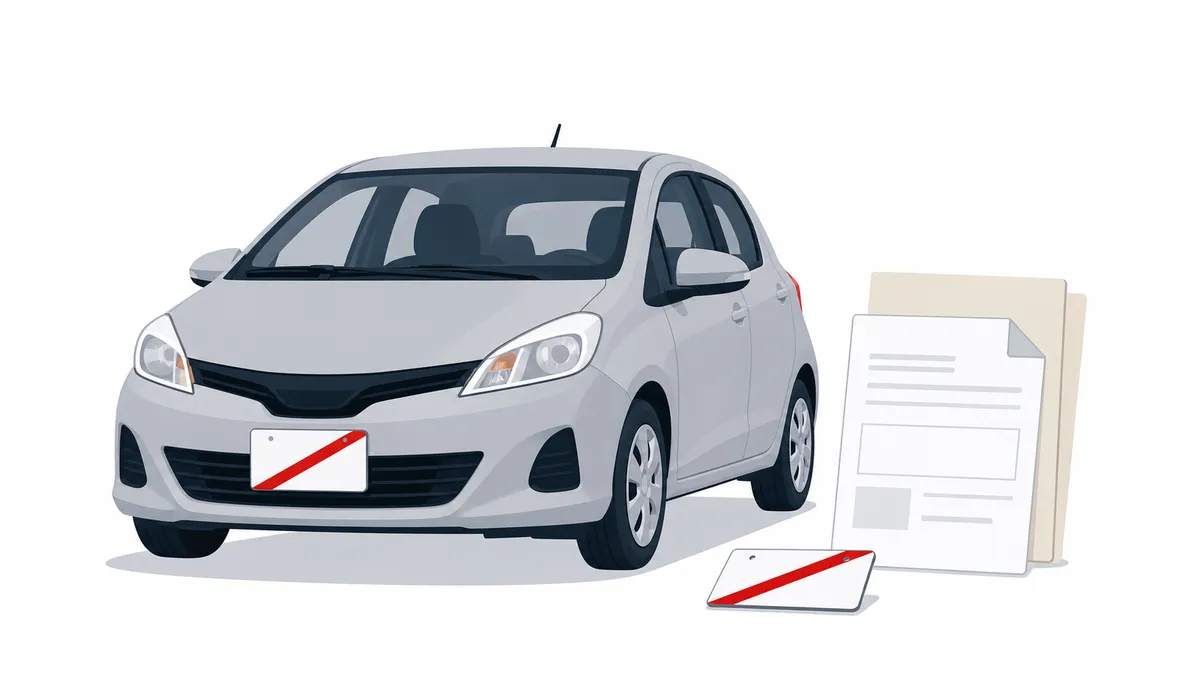 斜線入りの仮ナンバープレートを付けた車のフラットイラスト