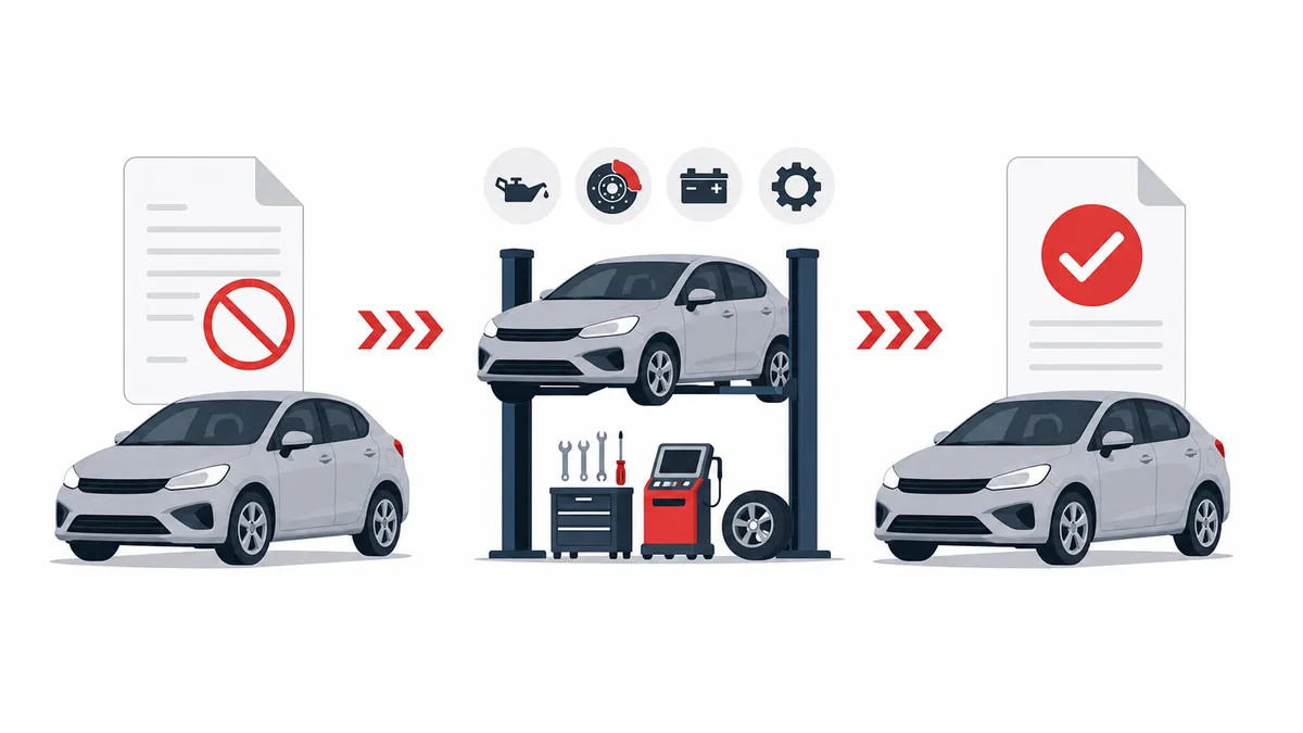 車検切れの車が整備と車検を経て公道復帰する流れのイラスト