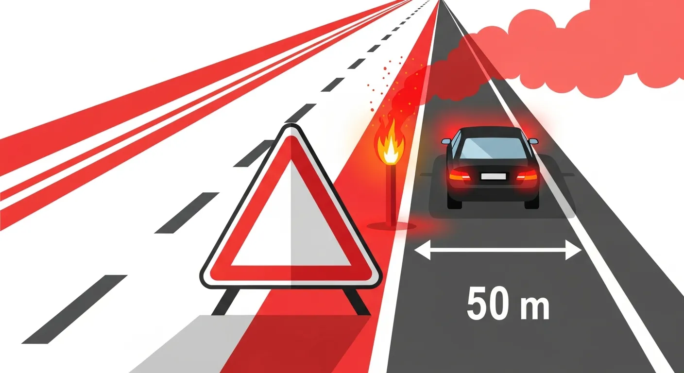 車の後方50m以上に三角停止表示板と発炎筒を設置するイラスト