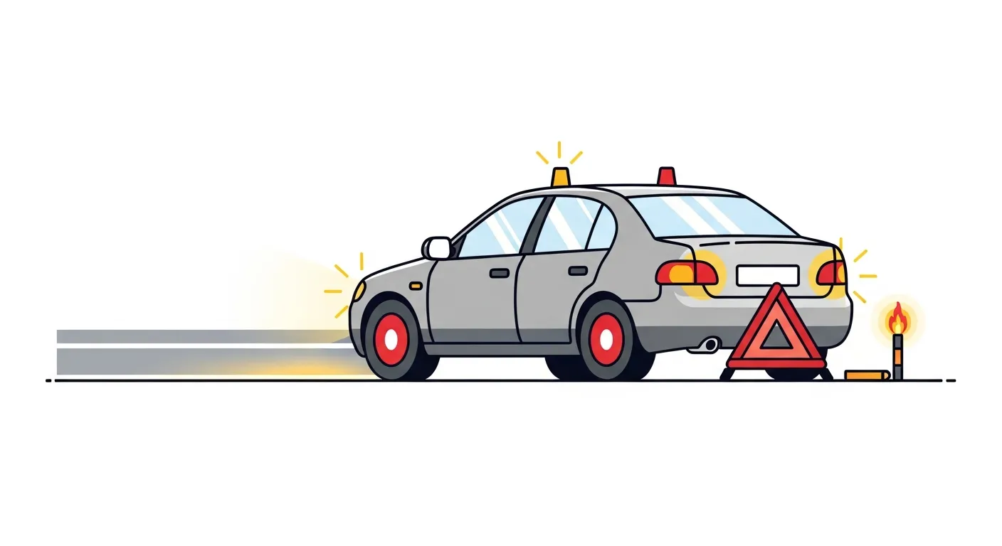 高速道路路肩でハザード・発炎筒・三角停止板を設置した車のイラスト