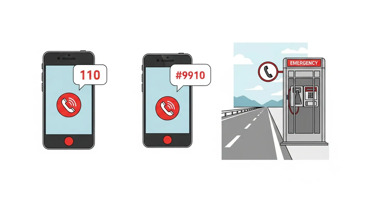 110番・#9910・高速道路の非常電話ボックスの3つの通報手段を示すイラスト