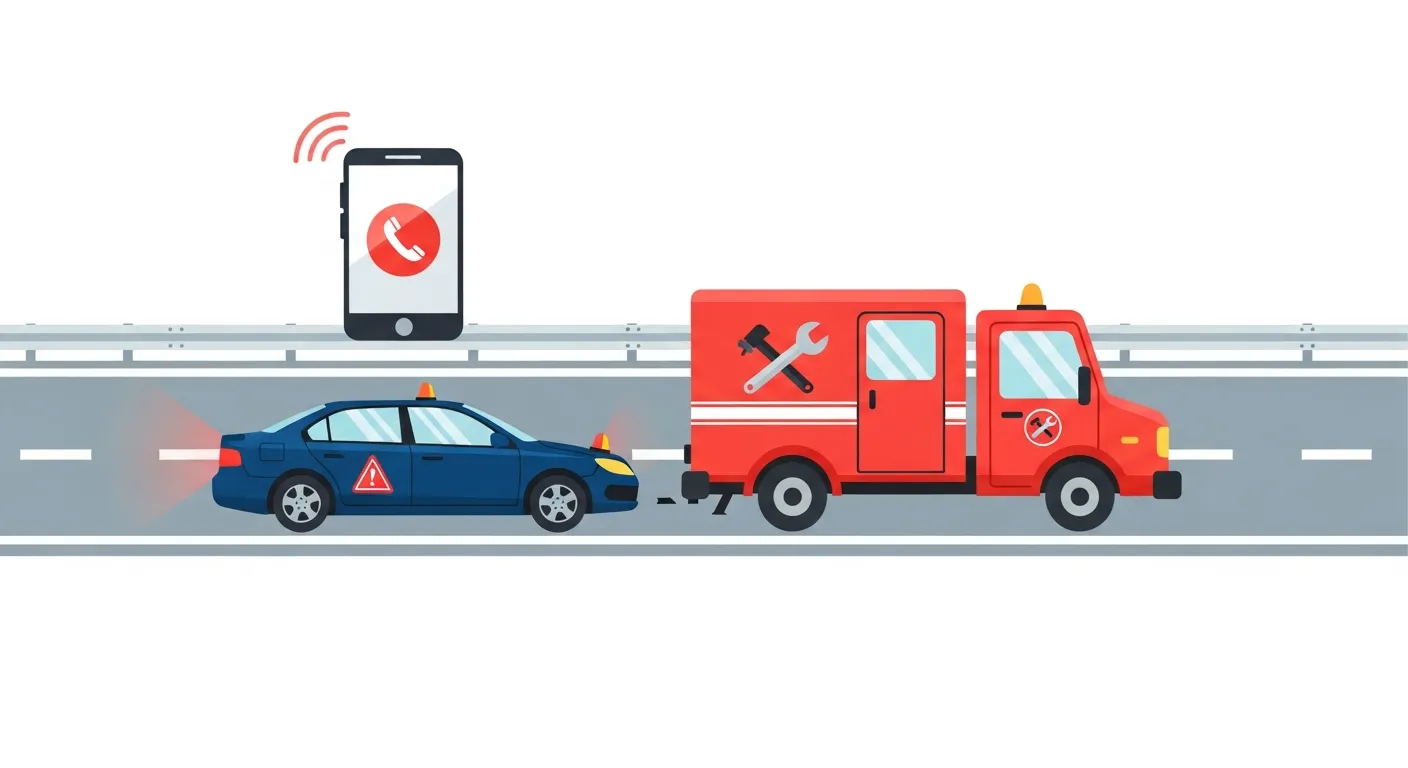 高速道路路肩で立ち往生した車にロードサービス車が到着するイラスト