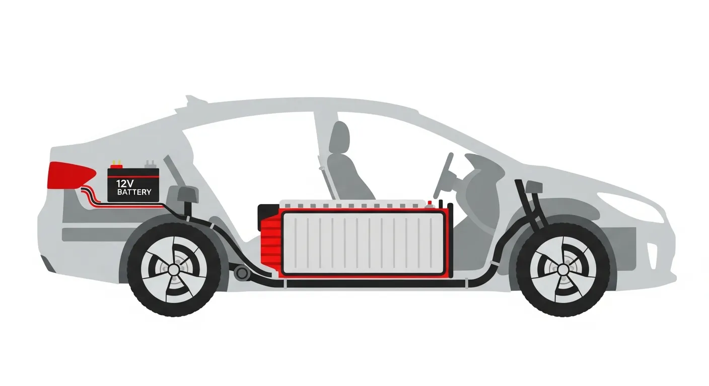 ハイブリッド車のエンジンルームと補機バッテリー・駆動用バッテリーのイメージ