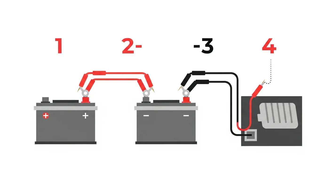 ブースターケーブルの正しい接続順序（赤・黒の4ステップ）イラスト
