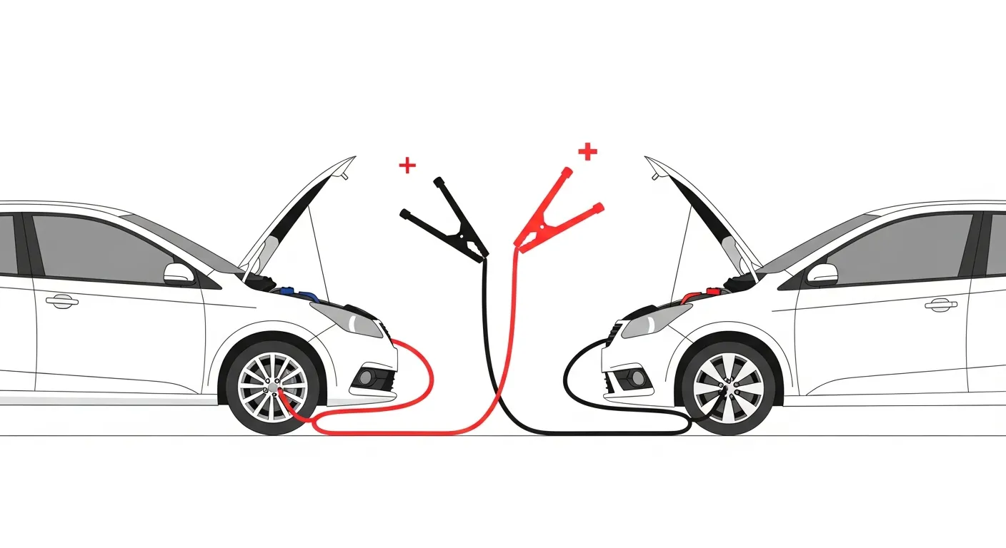 2台の車とブースターケーブルによるジャンプスタートの準備イラスト