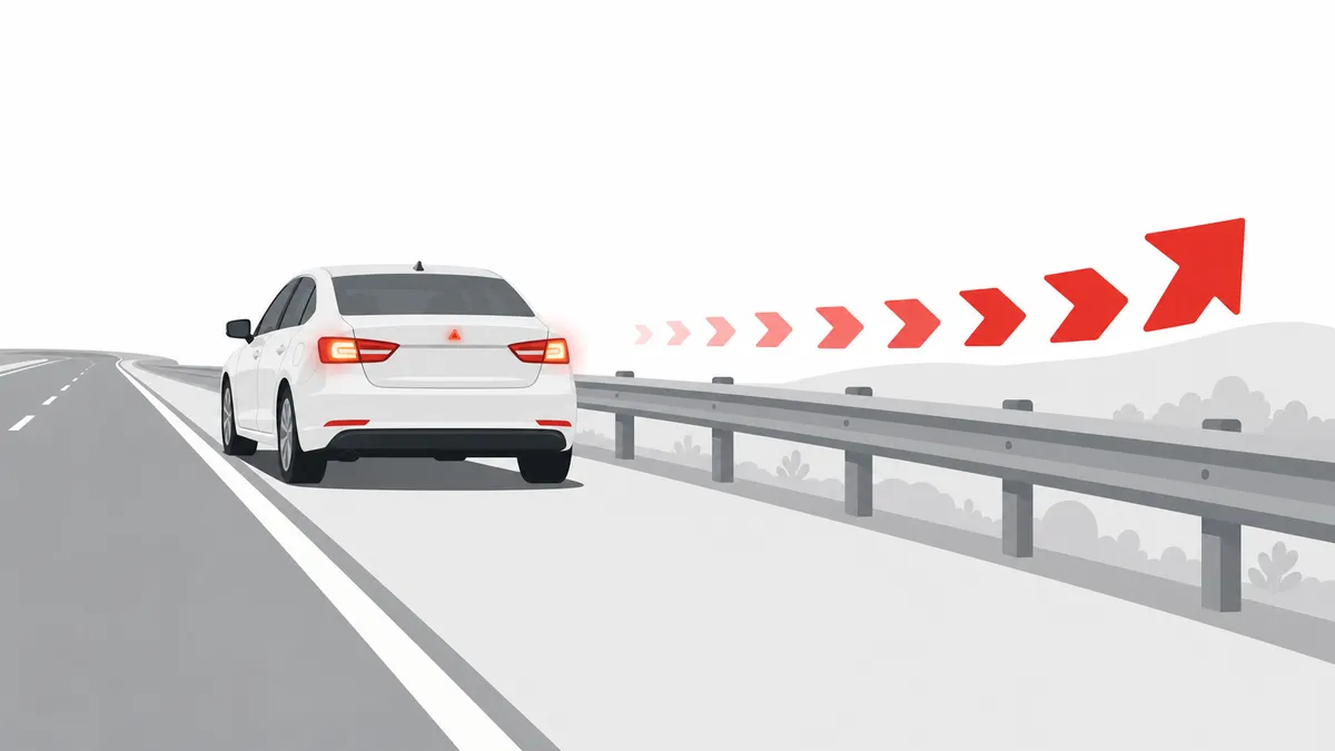 高速道路の路肩に停車した車とガードレール外への避難を示すイラスト
