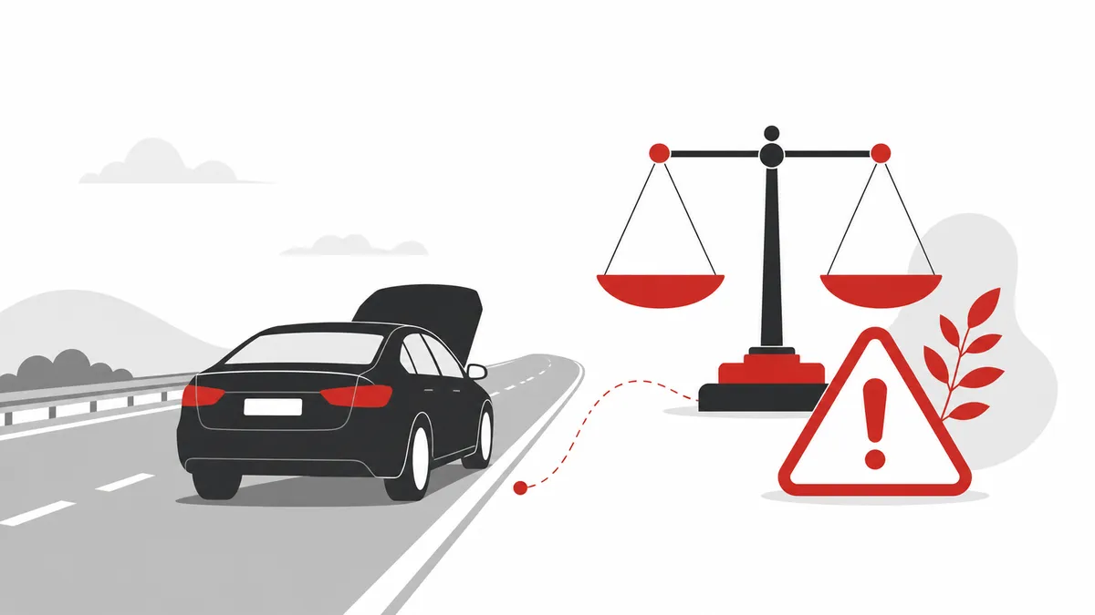 高速道路でのガス欠と交通違反リスクを示すイラスト