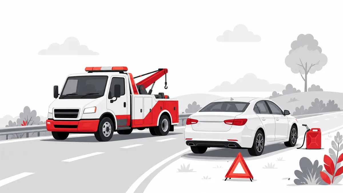 ガス欠の車にロードサービス車が到着するイラスト
