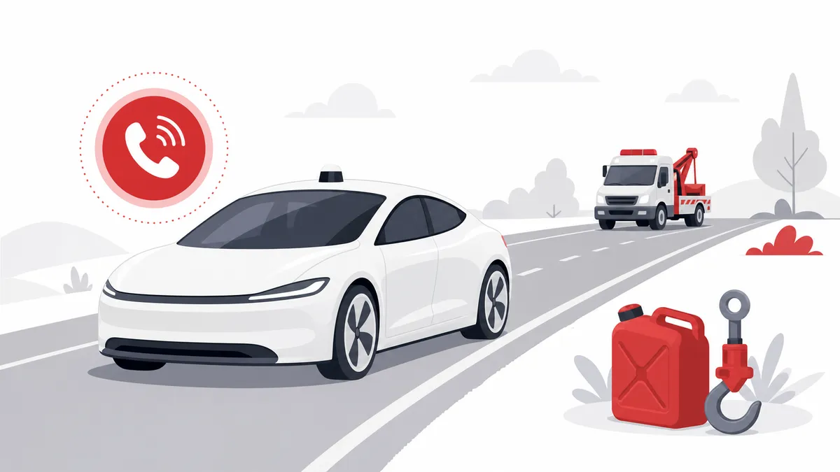 ガス欠で停車した車にロードサービスを呼ぶイラスト