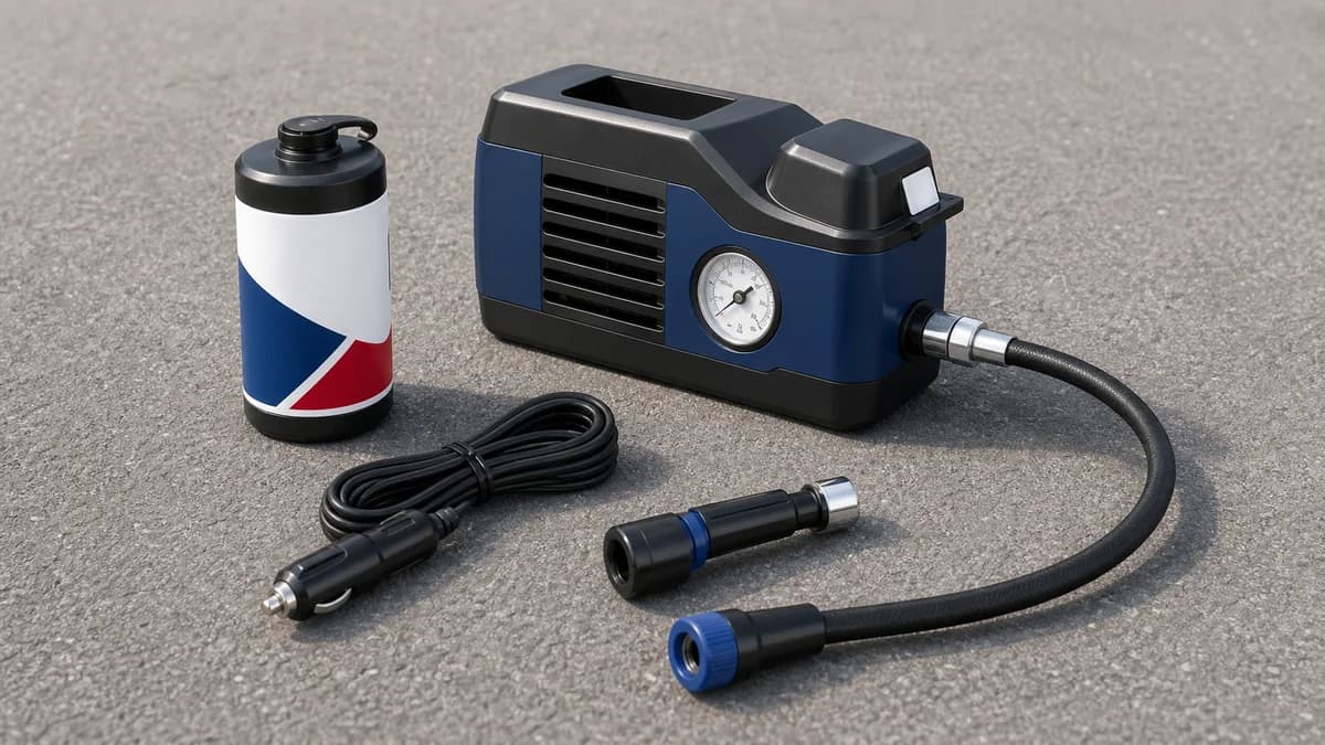 パンク修理剤ボトル、コンプレッサー、ホース、電源コードを並べたパンク修理キットの内容イメージ