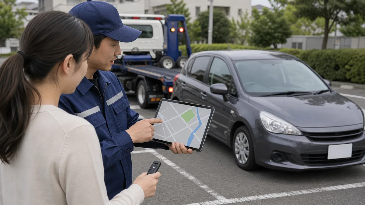 近くの搬送先や保険の無料距離を確認してレッカー費用を抑える相談をしている様子