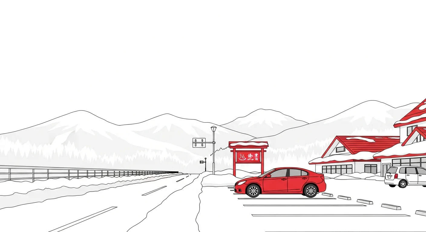 群馬県の冬季山間部・温泉地の雪道駐車場でバッテリー上がりが発生するイメージ