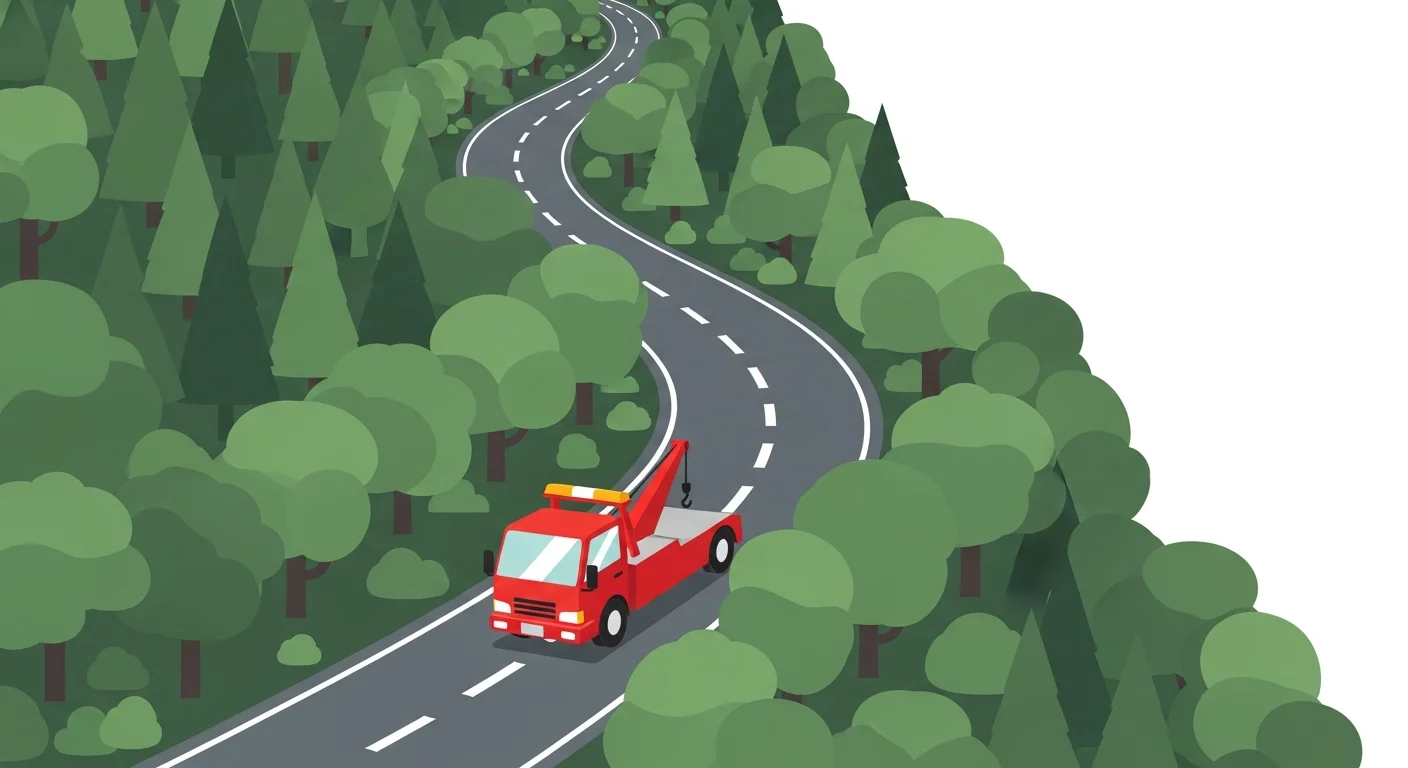 群馬県赤城山エリアの山岳ワインディングロードをレッカー車が走るイラスト