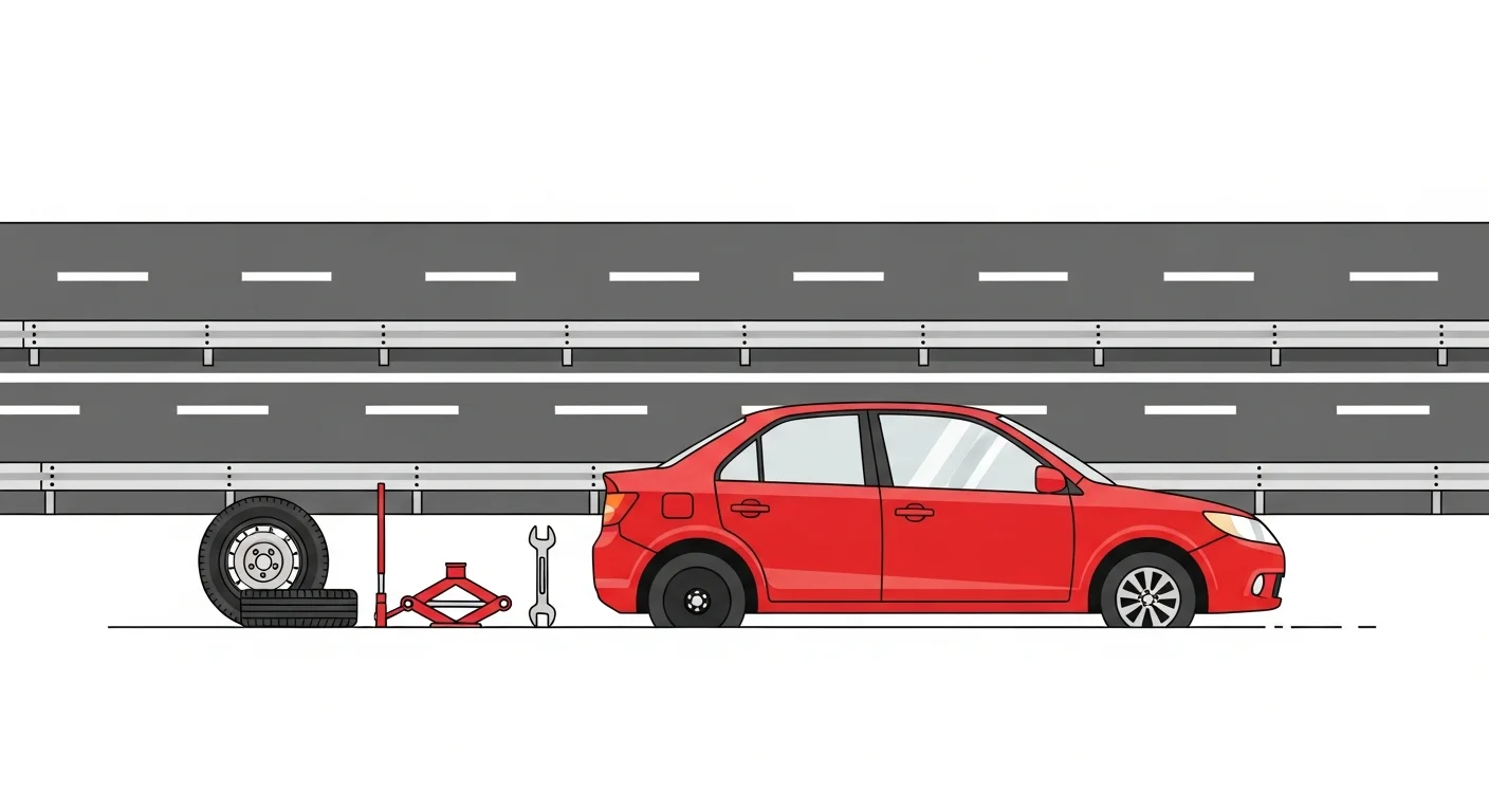 群馬県の路肩でパンクした車とスペアタイヤのフラットデザインイラスト