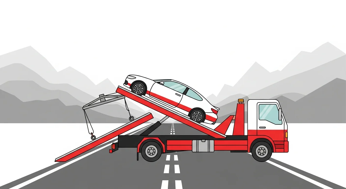 群馬県の高速道路・山岳背景でフラットベッドレッカー車が車を積載するイラスト