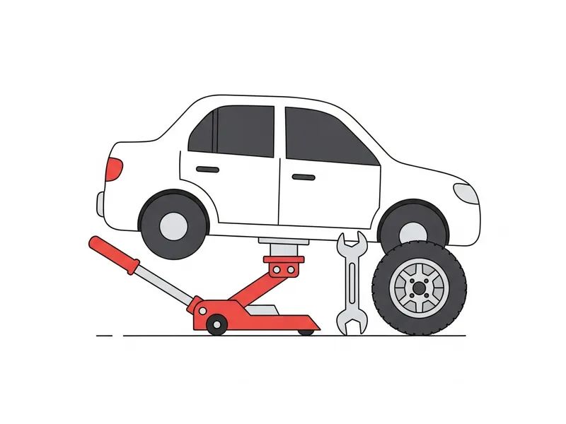 路上でタイヤ交換作業を行うメカニックのイラスト