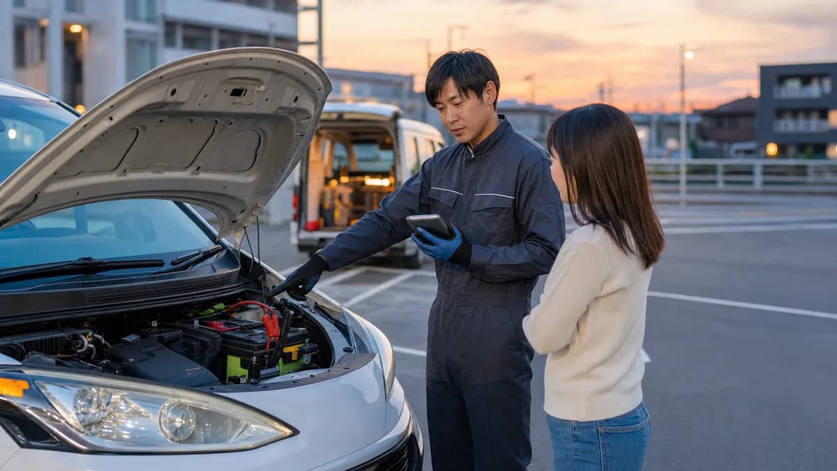 バッテリー上がり救援の料金を現場で確認しているロードサービススタッフ