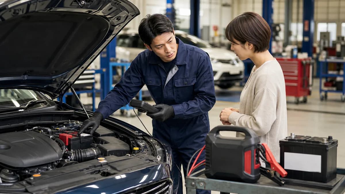 バッテリー救援後に整備工場で点検を受けている様子