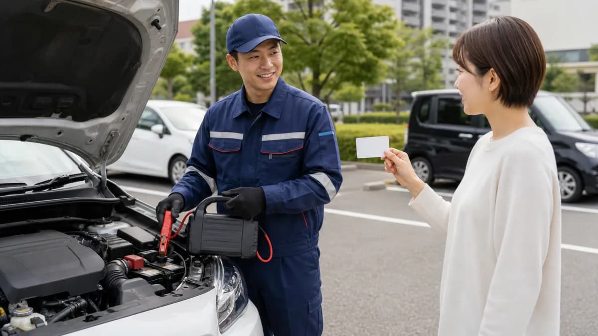 ロードサービス会員証を確認しながらバッテリー救援を受ける様子