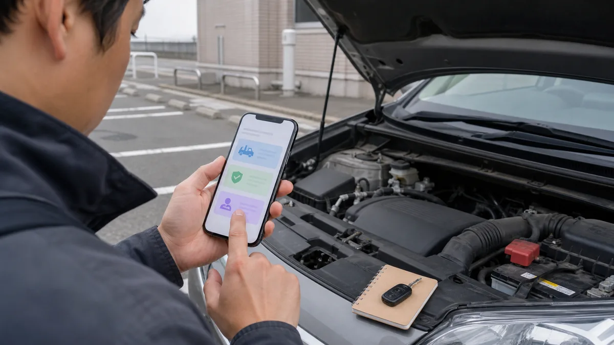 バッテリー上がり時にJAF・保険・民間業者の依頼先をスマートフォンで確認している様子