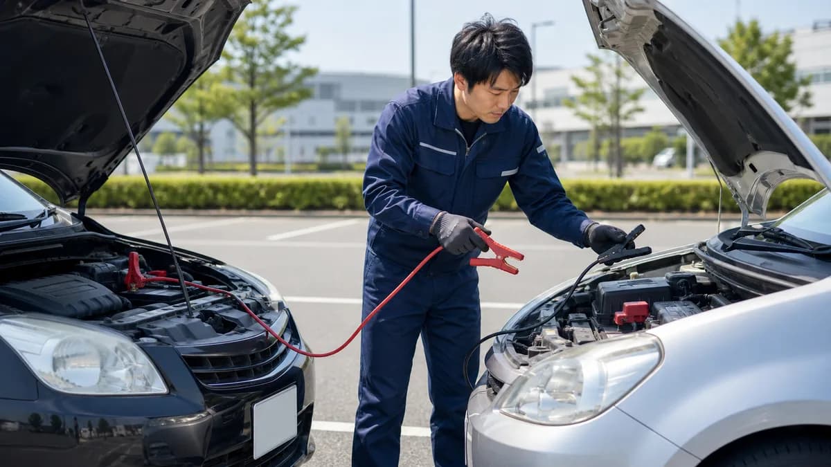 ブースターケーブルで救援車と故障車を安全に接続する手順のイメージ