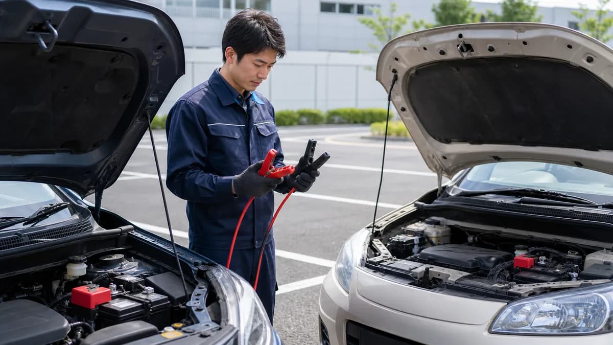 ブースターケーブルを使う前に12V車、ケーブル容量、端子位置を確認するイラスト