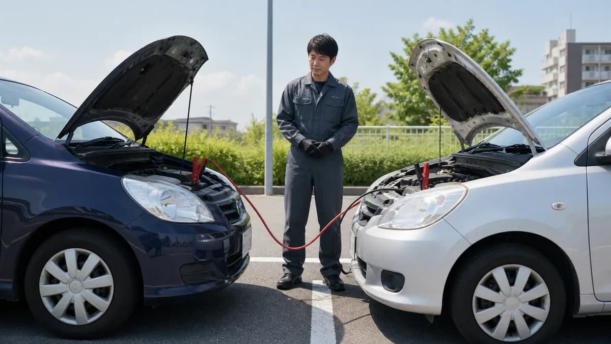 救援車のエンジンを先に始動してから故障車を始動する手順のイラスト