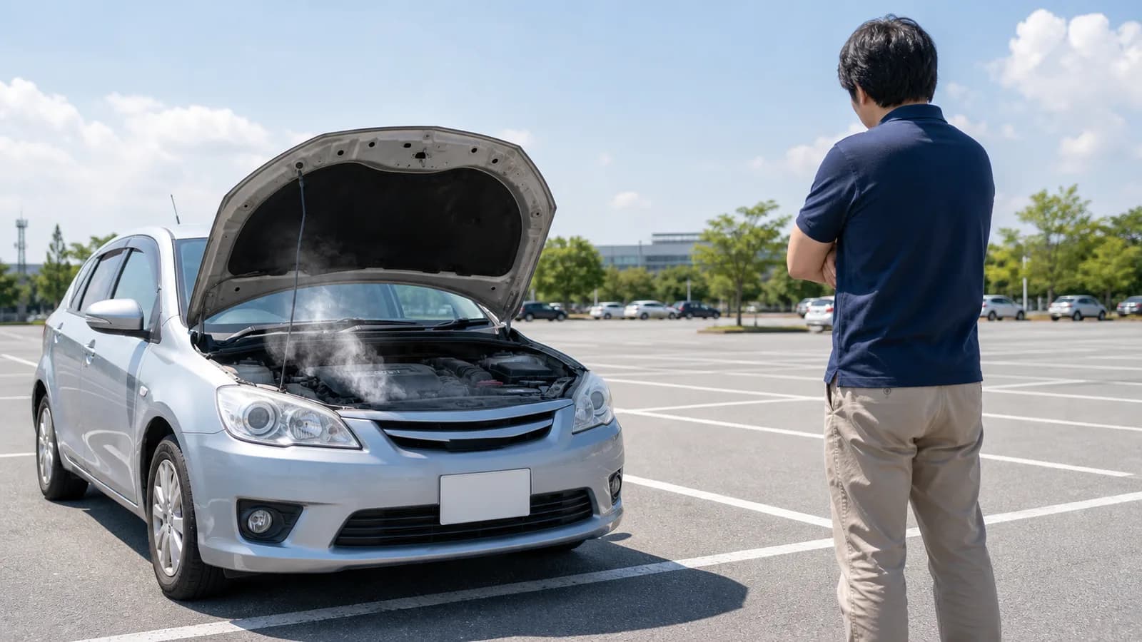 夏の駐車場でボンネットを開けてオーバーヒートした車を確認している様子