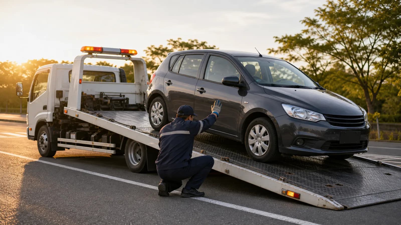 オーバーヒート後に車をレッカー車へ積み込んでいる様子