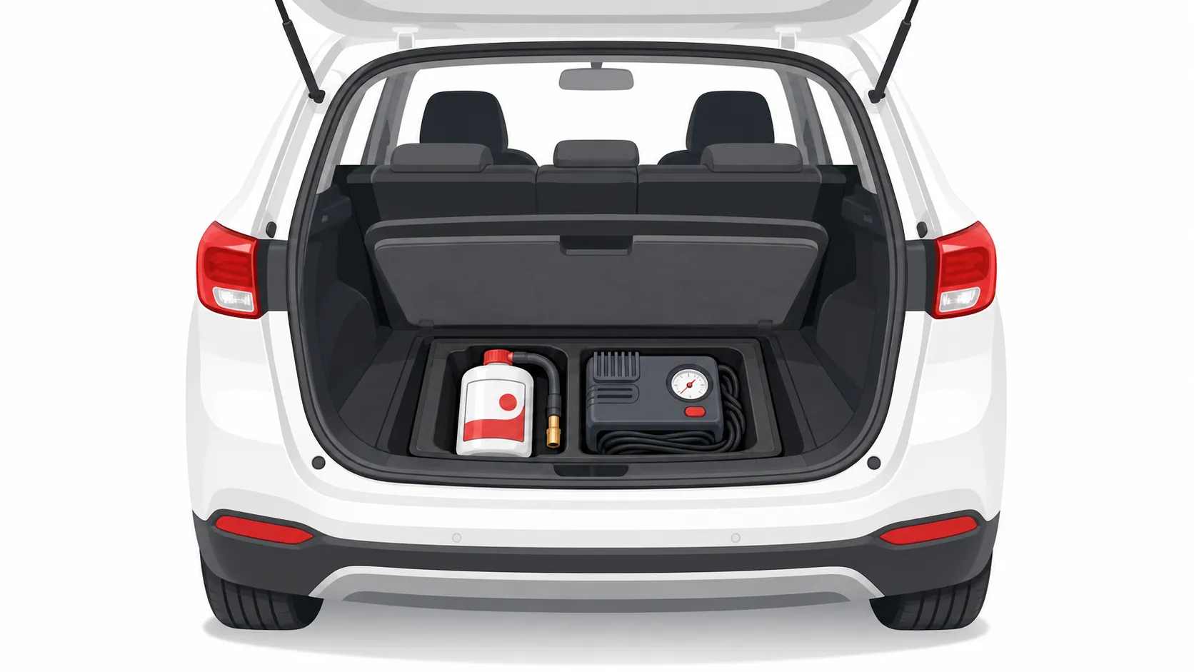 スペアタイヤがなくパンク修理キットが搭載された車のトランクのイメージ