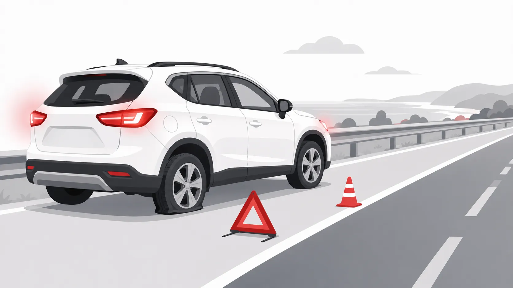 パンクした車を安全な場所に停車して避難する流れのイラスト