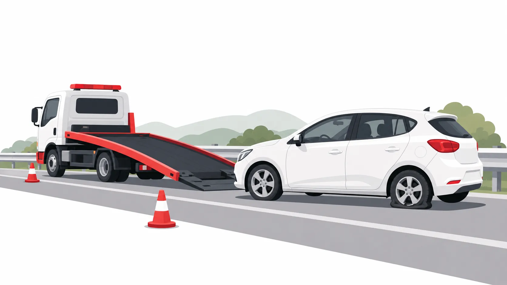 パンクした車にロードサービス車が到着するイラスト