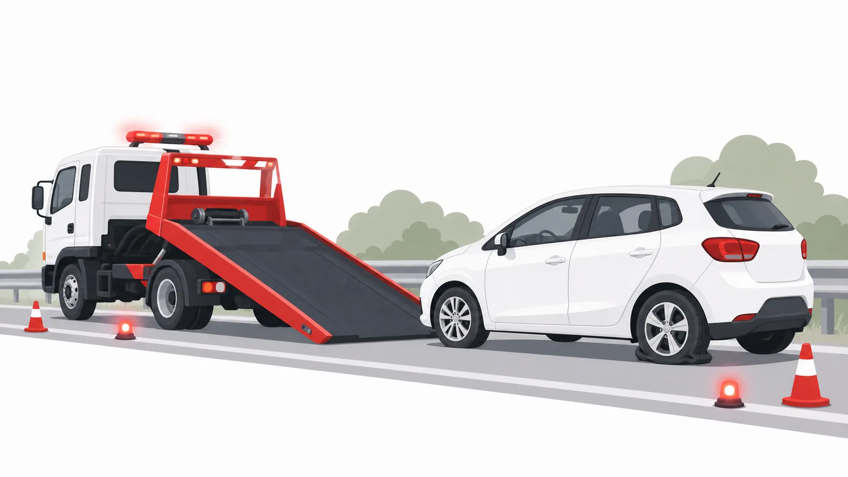 パンクした車をロードサービス車が安全にサポートするイラスト