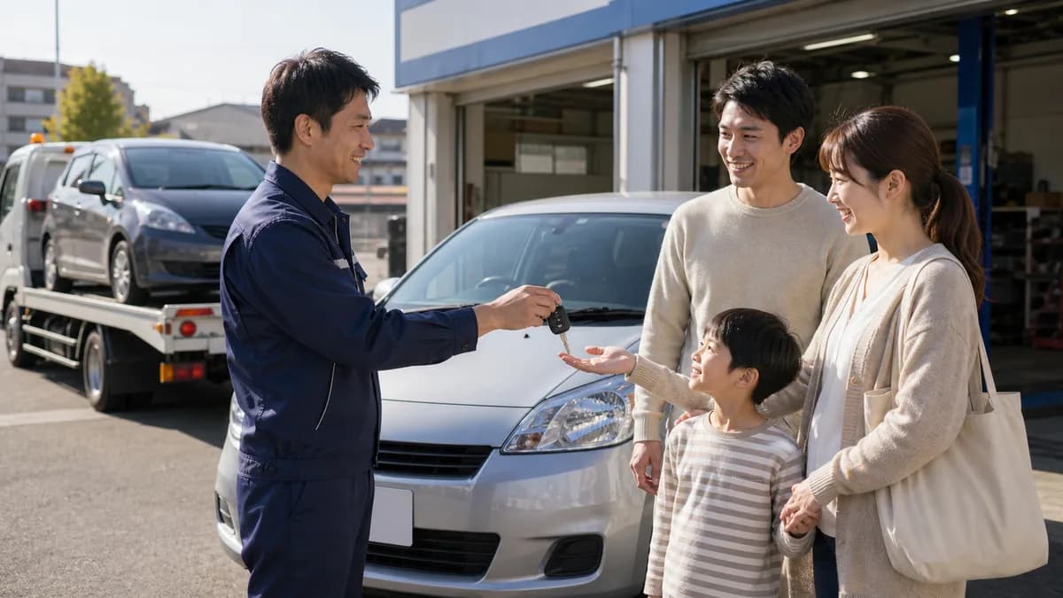 修理中の移動手段として代車を受け取っている様子