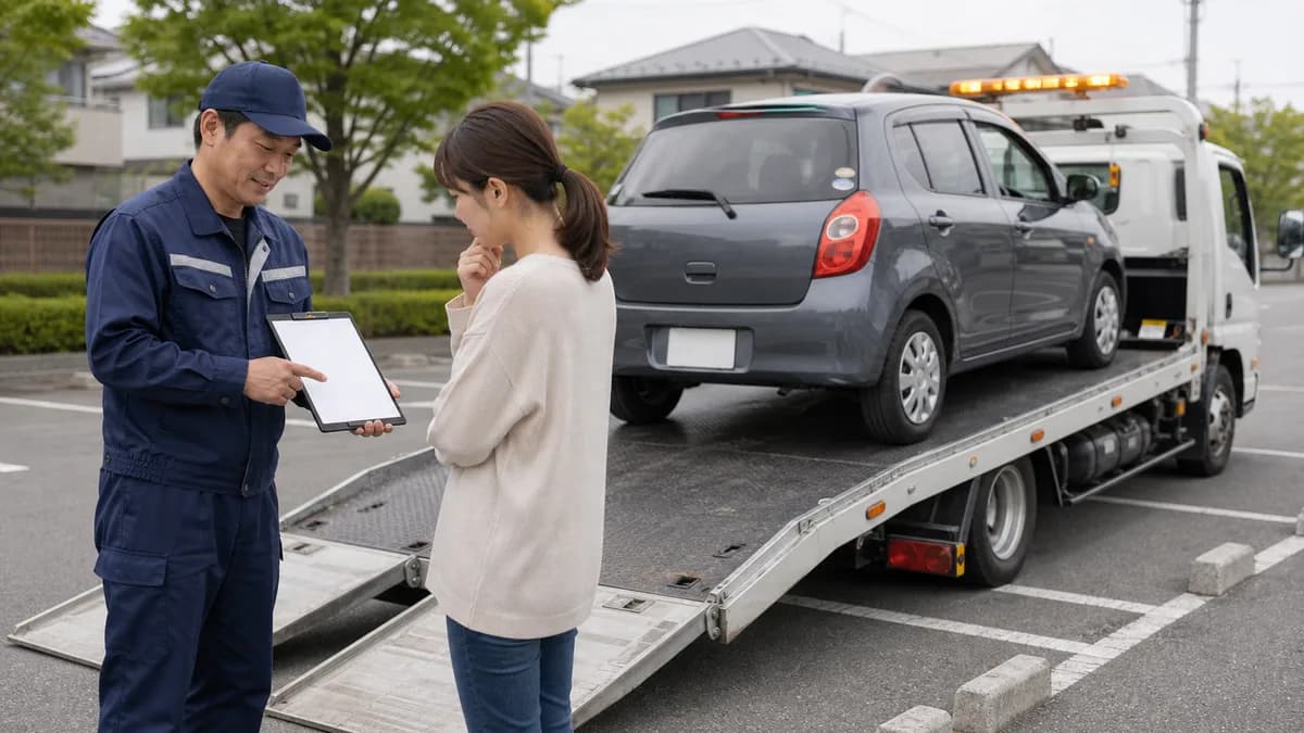 レッカー搬送前に料金見積もりを確認している様子