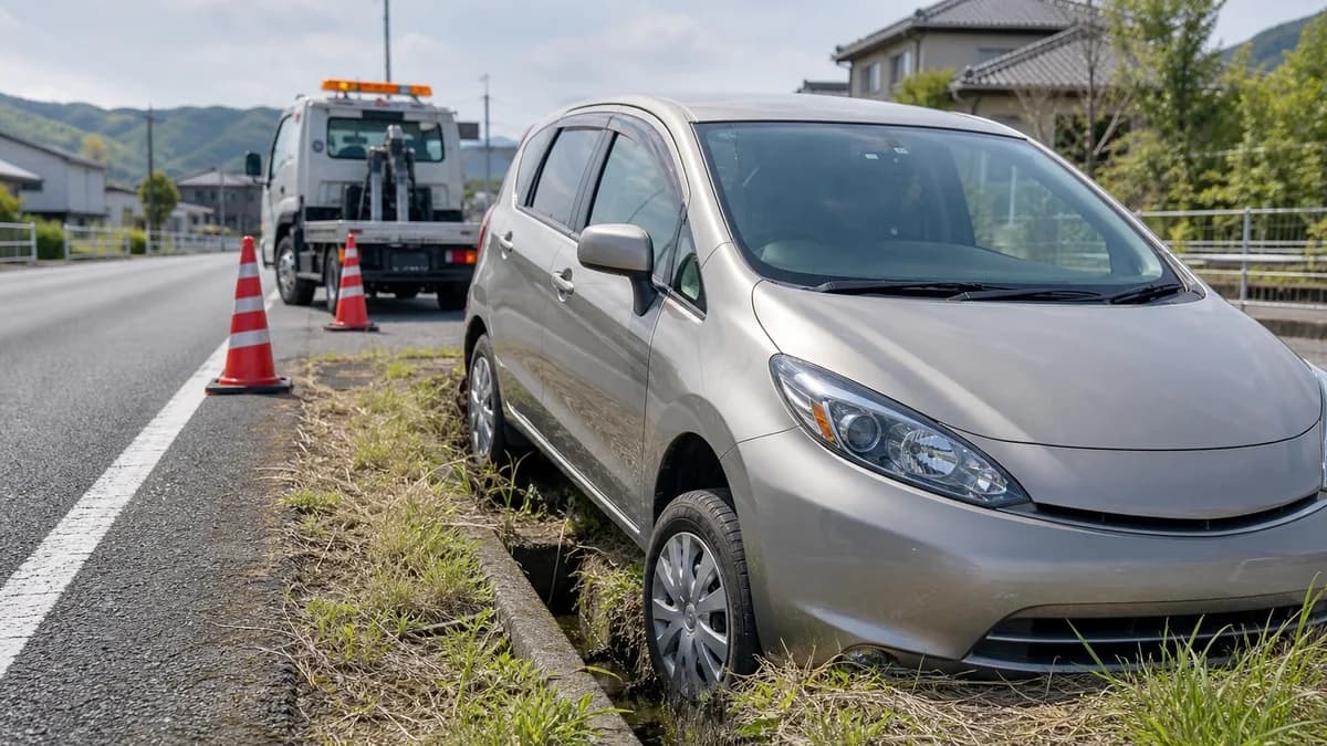 側溝にタイヤが落ちて動けなくなった車をロードサービスが確認しているイメージ